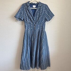 NWOT Morning Lavender Blue Floral Eyelet Midi Dress Smocked Waist L Cottagecore